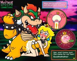 accurate_art_style bowser chain_leash doggystyle_position dominant_male female fertilization heart_eyes human_on_anthro impregnation loving_couple loving_gaze making_love male mario_(series) naked_female princess_peach saliva_on_tongue saliva_string source_request speech_bubble sperm_meets_ovum spiked_collar straight submissive_female tagme the_moss-man