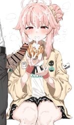 1boy absurdres ahoge bar_censor blue_archive blush bow bukkake cardigan censored collared_shirt cum cum_in_mouth cum_on_body cum_on_clothes cum_on_food cum_on_hair erection facial female gokkun hair_between_eyes hair_bun hair_ornament heart highres kumiyabe long_hair long_sleeves looking_at_viewer male natsu_(band)_(blue_archive) natsu_(blue_archive) open_clothes oral penis pink_hair pleated_skirt red_eyes ribbon school_uniform shirt simple_background sitting skirt solo_focus straight wet white_background white_shirt young