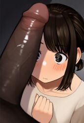 1boy 1girls ai_generated big_penis blush blush_lines dark-skinned_male dark_penis dark_skin female ganbare_douki-chan interracial male nude_male pale-skinned_female penis penis_against_face penis_close_to_face penis_over_face straight white-skinned_female
