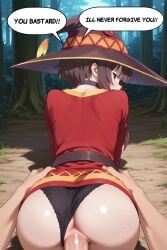 ai_generated angry angry_face comic female grabbing_from_behind kono_subarashii_sekai_ni_shukufuku_wo! megumin normal_breasts panties panties_aside red_dress red_eyes satou_kazuma short_hair text text_bubble vaginal_penetration vaginal_sex wizard_hat