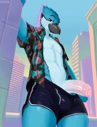 aloha_shirt anthro athletic athletic_anthro athletic_male athletic_wear avian balls balls_outline beak bela_(botter_dork) big_balls big_penis bird blue_body blue_jay bodily_fluids botter_dork bottomwear building bulge clothed clothing clothing_pull corvid day detailed_bulge digital_media_(artwork) dripping erection foreskin genital_fluids genital_outline genitals grey_beak hi_res humanoid_genitalia humanoid_penis jay_(bird) leaking_precum looking_at_viewer male midriff new_world_jay oil_painting_(artwork) open_clothing open_shirt open_topwear oscine outside painting_(artwork) passerine pattern_clothing pattern_shirt pattern_topwear penis pinup pose precum precum_drip retro shirt shorts smile solo standing text topwear tower traditional_painting_(artwork) uncircumcised