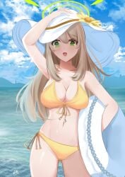 1girls arm_above_head arm_up ass_visible_through_thighs bare_armpits bare_arms bare_belly bare_chest bare_hands bare_hips bare_legs bare_midriff bare_navel bare_shoulders bare_skin bare_thighs beach_hat belly belly_button big_breasts bikini bikini_bottom bikini_only bikini_top blue_archive blue_sky breasts brown_eyebrows brown_hair brown_hair_female busty busty_female busty_girl cleavage clouds collarbone curvaceous curvaceous_body curvaceous_female curvaceous_figure curvaceous_hips curvaceous_thighs curvy curvy_body curvy_female curvy_figure curvy_hips curvy_thighs day daylight daytime elbows exposed_armpits exposed_arms exposed_belly exposed_chest exposed_hips exposed_legs exposed_midriff exposed_navel exposed_shoulders exposed_skin exposed_thighs eyebrows_visible_through_hair female female_focus female_only fingers front-tie_bikini front-tie_bikini_top green_eyes green_eyes_female green_halo groin hair_between_eyes halo hand_above_head hand_up hat high_resolution highres horizon hourglass_figure large_breasts lean_figure long_hair looking_at_viewer midriff narrow_waist navel nonomi_(blue_archive) nonomi_(swimsuit)_(blue_archive) ocean open_mouth open_mouth_smile outdoor outdoors outside parted_lips plump_breasts sand sea seaside shoulders side-tie_bikini sky slender_body slender_waist slim_waist solo standing string_bikini swimsuit swimwear thick_thighs thigh_gap thighs tongue upper_body whin wide_hips