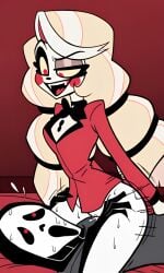 1boy after_life after_sex ai_generated alternate_hairstyle black_bowtie black_gloves black_hood black_robe blonde_female blonde_hair blush bottomless charlie_morningstar_(hazbin_hotel) crossover cum_in_pussy cum_inside cum_leaking cum_leaking_out_of_pussy demon demon_girl dominant_female dominated_male eyelashes eyeshadow fangs female female ghostface ghostface_(scream) hazbin_hotel hell hotel hotel_room humping_belly indoors male masked_male pixai raised_eyebrow red_blazer red_cheeks red_pupils red_sclera red_suit red_suit_jacket robe scream_(franchise) sitting_on_chest slim_waist smug straight sweating thick_thighs twintails white_skin yellow_eyes
