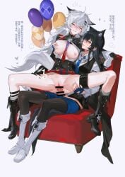 2girls absurdres animal_ears arknights bar_censor black_hair blue_gloves blue_shorts boots breasts censored chinese_text full_body futa_with_female futanari gloves highres lappland_(arknights) lappland_the_decadenza_(arknights) long_hair meng_ziya multiple_girls necktie nipples penis pussy reverse_upright_straddle sex shorts spread_legs tail texas_(arknights) texas_the_omertosa_(arknights) translation_request vaginal_penetration wolf_ears wolf_girl wolf_tail
