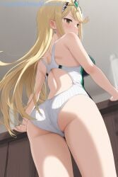 1girl 1girls ai_generated ass back bare_arms bare_shoulders blonde_hair blush breasts clothing_cutout commentary_request competition_swimsuit earrings female female_focus female_only from_behind from_below indoors jewelry large_breasts long_hair looking_at_viewer looking_back mythra mythra_(xenoblade) one-piece_swimsuit solo stable_diffusion sweatdrop swept_bangs swimsuit thighs tiara two-tone_swimsuit very_long_hair white_one-piece_swimsuit xenoblade_(series) xenoblade_chronicles_(series) xenoblade_chronicles_3 yellow_eyes zelanell