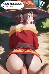 ai_generated angry angry_face comic female kono_subarashii_sekai_ni_shukufuku_wo! megumin normal_breasts panties panties_aside red_dress red_eyes satou_kazuma short_hair text text_bubble vaginal_penetration vaginal_sex wizard_hat