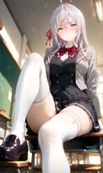 1girls ahoge ai_generated alisa_mikhailovna_kujou blue_eyes blush bsandra bsworks classroom cleavage collarbone desk feet hair_ribbon legs long_hair medium_breasts russian shiny_skin thighhighs thighs toes tokidoki_bosotto_russian_de_dereru_tonari_no_alya-san tsundere white_hair white_thighhighs
