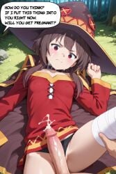 1boy 1girl ai_generated big_penis comic cum_on_clothes cum_on_face female impending_rape kono_subarashii_sekai_ni_shukufuku_wo! leaking_cum male megumin missionary missionary_position normal_breasts pov red_dress red_eyes satou_kazuma short_hair text text_bubble