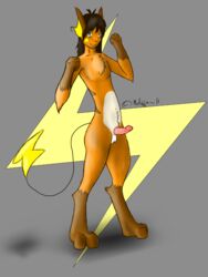 1boy balls blue_eyes brown_hair erection grin hair looking_at_viewer male male_only mutisija nude penis pokemon pokemon_(species) pokemorph raichu solo standing tail