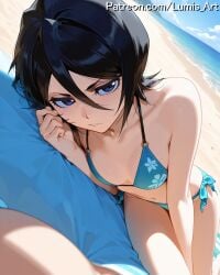 2025 ai_assisted ai_generated artist_name beach beach_towel bikini black_hair bleach bleach:_the_thousand-year_blood_war blue_bikini blue_eyes blurry breasts day depth_of_field female hair_between_eyes high_quality high_res high_resolution highres horizon kuchiki_rukia kuchiki_rukia looking_at_viewer lumis_art lying navel o-ring o-ring_bikini o-ring_top ocean outdoors patreon sand shore short_hair side-tie_bikini small_breasts solo stable_diffusion swimsuit water watermark