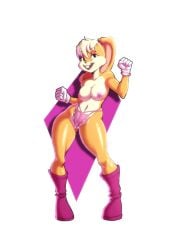 absurd_res anthro areola big_breasts black_eyes blonde_hair boots breasts buckteeth clothing eyelashes eyeshadow female floppy_ears footwear fur genitals gloves hair handwear head_tuft hi_res lagomorph leporid lola_bunny looking_at_viewer looney_tunes lop_ears makeup mammal mostly_nude nipple_piercing nipples notilustregui open_mouth open_smile panties piercing pink_areola pink_clothing pink_eyeshadow pink_nipples pink_nose pink_panties pink_underwear purple_background purple_boots purple_clothing purple_footwear pussy pussy_floss rabbit shoes simple_background smile solo tan_body tan_fur teeth thick_thighs tuft underwear warner_brothers white_background white_clothing white_gloves white_handwear wide_hips
