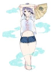 arms_up benten_(uchouten_kazoku) denim_shorts female female_only folding_fan fully_clothed hair_bun hand_fan jean_shorts lavender_eyes lavender_hair looking_at_viewer navel pale-skinned_female pale_skin purple_eyes purple_hair short_shorts shorts smile solo t-shirt thigh_gap thighs uchouten_kazoku