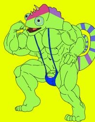anthro_on_anthro bara biceps blue_mankini blue_sclera blue_thong buff bulge bulge_through_clothing bulge_through_swimsuit bulge_through_underwear bulge_under_clothes bulge_under_swimsuit chameleon chameleon_humanoid chameleon_tail color colored colored_skin colored_tail ethereal ethereal_island ethereal_monster flex flexing flexing_arm flexing_muscles gay green_body green_skin imageboard kazilleon kazilleon_(my_singing_monsters) lime_background lizard mankini muscular muscular_male pecs penis purple_eyes purple_pupils sexy smiling thong traced traced_art yellow_background