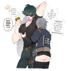 2boys armpit armpit_fetish armpit_sniffing big_pecs bubble_gum dialogue fully_clothed gay green_hair grey_hair groping_breast groping_pecs hoyoverse lighter_(zenless_zone_zero) male male_only masturbation muscular_male pants_down phone phone_call scars sunglasses text thiccwithaq twink wise_(zenless_zone_zero) yaoi zenless_zone_zero