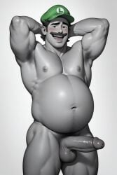 1boy ai_generated armpit_hair armpits arms_behind_head balls beer_belly belly big_belly chest_hair daddy dilf erection facial_hair fat fat_belly fat_male genitals green_hat grey_body hands_behind_head humanoid humanoid_male large_belly luigi male male_nipples male_only mammal mario_(series) mature mature_male moustache navel nintendo nipples nude nude_male open_mouth overweight overweight_male penis solo solo_male testicles white_background