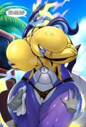 2025 ancient_pokemon anthro big_breasts bikini bikini_bottom blush breasts camel_toe clothing disembodied_hand dragon female future_pokemon generation_9_pokemon genitals hand_on_leg hand_on_thigh hi_res legendary_pokemon miraidon mleonheart mythological_creature mythological_scalie mythology nintendo nipples paradox_pokemon pokemon pokemon_(species) scalie smile solo swimwear thick_thighs two-piece_swimsuit vulva
