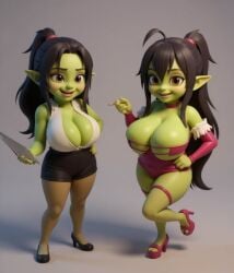 2girls ai_generated black_hair female female_goblin goblin office_lady office_suit prostitute shortstack