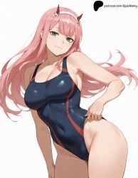 1girls ai_generated arm_at_side bare_shoulders blue_one-piece_swimsuit breasts covered_navel darling_in_the_franxx eyebrows_visible_through_hairbangs eyeliner female green_eyes hair_between_eyes hair_over_shoulder hand_on_own_hip hand_on_own_thigh headband hi_res high_quality high_resolution highres horns large_breasts light_smile lips long_hair looking_at_viewer nose one-piece_swimsuit opal_nemy patreon patreon_logo patreon_url patreon_username pink_hair plain_background red_horns self_upload shadow simple_background smile swimsuit thighs watermark white_background white_headwear zero_two_(darling_in_the_franxx)