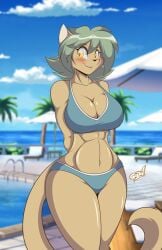 1girls anthro big_breasts bikini biting_lip blush claire_(mastergodai) cleavage feline female female_only furry green_hair mastergodai rascals solo swimsuit tan_fur thick_thighs wide_hips