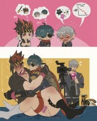 >_< ... 1other 3boys anton_ivanov bangboo_(zenless_zone_zero) black_gloves black_socks blush bondage bound closed_eyes closed_mouth collar crossed_arms cuffs doodlefish doodlefish75 english_commentary eous_(zenless_zone_zero) fang_out fingerless_gloves gay gay_male gloves green_hair highres jacket leather leather_jacket lighter_(zenless_zone_zero) male male_focus multicolored_hair multiple_boys oerba_yun_fang open_mouth red_scarf remote_control_vibrator scarf sex_toy small_dom_big_sub socks spoken_character spoken_ellipsis spoken_object sunglasses tripod vibrator video_camera white_socks wise_(zenless_zone_zero) yaoi zenless_zone_zero
