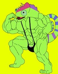 anthro_on_anthro bara biceps black_mankini black_thong blue_sclera buff bulge bulge_through_clothing bulge_through_swimsuit bulge_through_underwear bulge_under_clothes bulge_under_swimsuit chameleon chameleon_humanoid chameleon_tail color colored colored_skin colored_tail ethereal ethereal_island ethereal_monster flex flexing flexing_arm flexing_muscles gay green_body green_skin imageboard kazilleon kazilleon_(my_singing_monsters) lime_background lizard mankini muscular muscular_male pecs penis purple_eyes purple_pupils sexy smiling thong traced traced_art yellow_background
