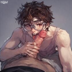 ai_generated alan_(jstfelix) anime anime_style artist_name artist_signature bl blowjob boy_on_top cute dick erect erect_penis erection geek hair hard_cock hard_on jstfelix male male_only mlm mouth nerd oc open_mouth original original_character penis sucking sucking_penis watermark
