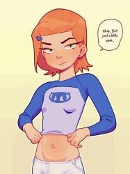 1girls animated ben_10 blush bouncing_breasts embarrassed english_text female flashing flashing_breasts flat_chest full-face_blush green_eyes gwen_tennyson highres lifted_by_self looking_at_viewer looking_away mahmapuu nipples no_bra orange_hair perky_breasts petite raglan_sleeves small_breasts solo speech_bubble sweater_lift text titty_drop tomboy