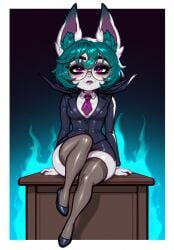 1girls ai_generated anthro barefoot bunny_ears bunny_girl business_suit cleavage crossed_legs desk female furry_ears green_hair lagomorph league_of_legends looking_at_viewer miniskirt rabbit_ears rabbit_girl riot_games secretary solo suggestive thighhighs vex_(league_of_legends) white_shirt