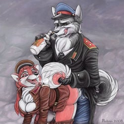 alcohol anthro blue_eyes blush bottle breasts canine claws cleavage cum cum_inside dripping female fox from_behind fur furry hat husky male open_mouth outside ratiries snow star straight tongue tongue_out uniform wolf