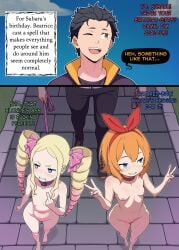 1boy 2girls age_difference beatrice_(re:zero) blonde_hair blue_eyes bottom_heavy breasts brush change_in_common_sense clenched_teeth collar common_sense_change completely_nude completely_nude_female double_v drill_hair embarrassed embarrassed_nude_female english_text exhibitionism female flat_chest freshnsfw hair_ribbon heart_eyes highres leash male middle_finger naked naked_female natsuki_subaru peace_sign petplay petra_leyte re:zero_kara_hajimeru_isekai_seikatsu seductive seductive_look shortstack size_difference small_breasts younger_female