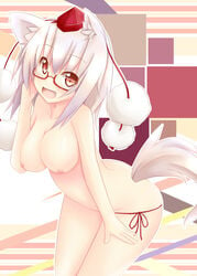 1girls animal_ears bare_shoulders breasts cute_fang error eyewear female glasses hat large_breasts leaning_forward momiji_inubashiri nijou_makoto nipples open_mouth panties red_eyes short_hair side-tie_panties silver_hair smile solo tail tokin_hat topless touhou underwear underwear_only wolf_ears wolf_tail wolfgirl