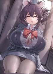 animal_ears blue_archive bow bowtie breasts brown_hair button_gap center_opening cleavage commentary cowboy_shot drooling dutch_angle facing_viewer female gene_(gear_gene) gloves hair_bun highres huge_breasts invisible_man invisible_penis kaede_(blue_archive) kaede_(guide)_(blue_archive) official_alternate_costume paizuri panties panties_under_pantyhose pantyhose parted_lips partially_unbuttoned perpendicular_paizuri red_bow red_bowtie single_side_bun sitting sleep_molestation sleeping solo_focus underwear variant_set white_gloves