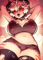 arms_up bat_wings black_hair black_shorts blaire_rune blairevt breasts cleavage_cutout demon_horns demon_tail demon_wings flesh_fang from_below glowing_eyes hands_behind_head horns indie_virtual_youtuber jean_shorts lights_on looking_at_viewer low-angle_view nonbinary oerba_yun_fang open_mouth red_eyes red_stripes short_hair sideboob spiked_collar split_tongue striped_body tail thick_thighs thighhighs thighs tongue_out torn_thighhighs tummy virtual_youtuber vtuber white_hair