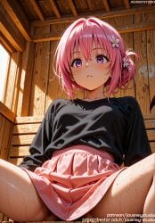 ai_generated bangs black_shirt blush breasts closed_mouth clothes_lift clothing female female flower hair_between_eyes hair_flower hair_ornament high-waist_skirt indoors jousneystudio long_sleeves looking_at_viewer medium_breasts momo_velia_deviluke nopan pink_hair pink_skirt purple_eyes sauna shirt short_hair sitting skirt solo spread_legs sunlight sweat thighs to_love-ru to_love-ru_darkness wet white_flower wooden_wall