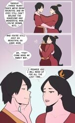 1boy aged_up avatar_the_last_airbender black_hair blush blush_lines blushing breast_press breasts clavicle closed_eyes clothed clothes collarbone comic comic_page couple dialogue english_language english_text female hair_bun hand_on_another's_cheek hand_on_another's_face heart hug imminent_sex japanese_clothes jopuari long_hair long_sleeves looking_at_another makeup male mature_female mother_and_son nightgown plump_lips red_dress robe short_hair sideboob single_hair_bun smile smiling_at_another straight text topknot ursa_(avatar) zuko