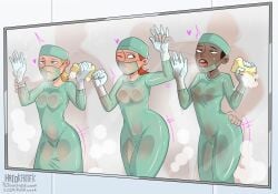 3girls ann_possible hatokamek kim_possible latex_bodysuit latex_gloves pressed_on_glass see-through_clothing shower_sex surgeon surgical_mask sweaty