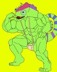anthro_on_anthro bara biceps blue_sclera buff bulge bulge_through_clothing bulge_through_swimsuit bulge_through_underwear bulge_under_clothes bulge_under_swimsuit chameleon chameleon_humanoid chameleon_tail color colored colored_skin colored_tail ethereal ethereal_island ethereal_monster flex flexing flexing_arm flexing_muscles gay green_body green_skin imageboard kazilleon kazilleon_(my_singing_monsters) lime_background lizard mankini muscular muscular_male pecs penis purple_eyes purple_pupils sexy smiling tan_mankini tan_thong thong traced traced_art yellow_background