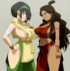 2024 2girls areolae avatar_the_last_airbender big_breasts black_hair blind blue_eyes breast_size_difference breasts brown_hair clothed clothing digital_media_(artwork) female inker_comics jewelry katara large_breasts nipple_slip nipples pale_skin partially_clothed revealing_clothes tan_body tan_skin toph_bei_fong