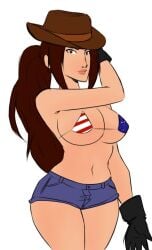 alternate_costume american_flag_bikini bikini bikini_top breasts brown_eyes brown_hair cowboy_hat denim female flag_print genderswap_(mtf) gloves hat large_breasts lips long_hair micro_bikini navel ponytail rule_63 short_shorts shorts smile solo striped swimsuit underboob