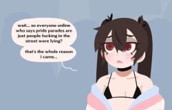 1girls akemi_akai bikini_top brown_hair choker dissappointed_look female female_only original_character pansexual_flag pansexual_pride_colors pride_month pupn1k red_eyes simple_background small_breasts solo trans_woman transfem transgender_flag transgender_pride_colors
