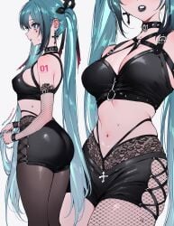 ass ass_focus big_ass big_breasts bikini blue_eyes blue_hair cleavage collar earrings fishnets goth goth_girl gothic gothic_girl hair_ornament hatsune_miku large_ass large_breasts long_hair panties pantyhose qiandaiyiyu red_tattoo shorts spiked_collar strap_bikini string_panties tattoo waist