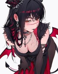 armwear ass bending bending_forward bending_over big_ass big_breasts black_hair black_lips black_lipstick breasts cleavage collar demon demon_girl demon_tail demon_wings devil devil_girl devil_tail dress earings earrings goth goth_girl gothic gothic_girl hair hair_ornament hands_on_legs large_ass large_breasts leaning_forward long_nails looking_at_viewer nails necklace qiandaiyiyu red_eyes red_highlights ripped_clothing ripped_clothing ripped_dress ripped_stockings scar scars scars_on_face seductive seductive_eyes seductive_gaze seductive_look seductive_pose spiked_collar suggestive suggestive_look suggestive_pose suggestive_posing sweat sweatdrop sweating sweaty thick_thighs thighs yoru_(chainsaw_man)