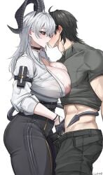 1boy absurdres arm_pouch black_choker black_hair black_horns black_pants black_pouch black_tail blush breasts choker closed_mouth cluhob collared_shirt commentary curled_horns demon_tail female from_side grey_hair grey_shirt hand_on_another's_crotch high-waist_pants highres horns large_breasts long_hair male_rover_(wuthering_waves) mole mole_on_breast nipples open_fly pants red_eyes rover_(wuthering_waves) shirt shirt_tucked_in simple_background sweat tail tail_wrap tight_clothes tight_pants toned toned_male white_background white_shirt wuthering_waves zani_(wuthering_waves)