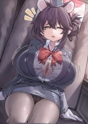 animal_ears blue_archive bow bowtie breasts brown_hair button_gap center_opening cleavage commentary cowboy_shot dashed_eyes drooling dutch_angle female gene_(gear_gene) gloves hair_bun halo highres huge_breasts invisible_man invisible_penis kaede_(blue_archive) kaede_(guide)_(blue_archive) looking_at_viewer notice_lines official_alternate_costume one_eye_closed paizuri panties panties_under_pantyhose pantyhose parted_lips partially_unbuttoned perpendicular_paizuri red_bow red_bowtie red_halo single_side_bun sitting solo_focus underwear variant_set waking_up white_gloves yellow_eyes
