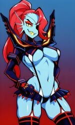 ai_generated blue_skin busty clothed cosplay costume curvy eyepatch eyeshadow female hair_over_one_eye hands_on_hips matoi_ryuuko_(cosplay) monster_girl pixai ponytail red_backpack red_eyeshadow red_hair sexy sharp_teeth slim_waist smug solo underboob undertale undertale_(series) undyne yellow_eyes yellow_teeth
