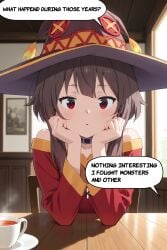 ai_generated comic female kono_subarashii_sekai_ni_shukufuku_wo! megumin normal_breasts red_dress red_eyes short_hair sitting talking talking_to_viewer text text_bubble