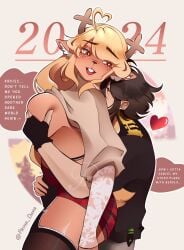 1girl 1girls 2024 aged_up alternate_ass_size alternate_body_type alternate_breast_size alternate_costume alternate_universe amab anthro anthro_on_human antlers big_ass big_breasts blonde_hair breast_grab breast_squeeze brown_hair buckteeth closed_eyes deer deer_ears deer_girl deltarune dialogue english_text female fingerless_gloves freckles furry furry_on_human grabbing grabbing_breasts grabbing_from_behind heart heart_symbol holding holding_breast holding_hand human human_on_anthro interspecies kris_(deltarune) lipstick long_hair long_sleeves looking_at_partner loveycherie noelle_holiday nonbinary plaid_skirt red_eyes romantic_ambiance shirt shirt_lift shirt_up sniffing stockings tagme thick_thighs thigh_highs thighhighs twitter twitter_username