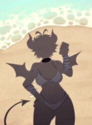 bandage bandages bat_wings beach beach_shadow_trend bikini bikini_bottom bikini_top blaire_rune blairevt breasts clothes_removed clothing_aside demon_horns demon_tail dressed_shadow_(meme) horns implied_nudity indie_virtual_youtuber large_breasts meme meme_reference nonbinary nude outside phone pov sand smartphone solo spiked_collar swimsuit tail taking_picture virtual_youtuber vtuber water white_bra white_panties