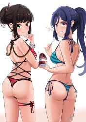 2girls ass back back-tie_bikini back-tie_swimwear bare_arms bare_ass bare_back bare_butt bare_hands bare_hips bare_legs bare_shoulders bare_skin bare_thighs bikini bikini_bottom bikini_only bikini_top breasts brown_eyebrows brown_hair brown_hair_female exposed_arms exposed_ass exposed_back exposed_butt exposed_hips exposed_legs exposed_shoulders exposed_skin exposed_thighs female green_eyes green_eyes_female hair_bun ice_cream kurosawa_dia looking_back looking_back_at_viewer love_live! love_live!_nijigasaki_high_school_idol_club matsuura_kanan medium_breasts mole mole_under_mouth multiple_females multiple_girls ponytail purple_eyebrows purple_eyes purple_eyes_female purple_hair purple_hair_female side-tie_bikini smile smiley_face smiling smiling_at_viewer string_bikini swimsuit swimwear whin