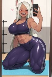 abs absurd_res ai_generated armpits blush boku_no_hero_academia crop_top dark-skinned_female full_body heavy_breathing holding_object kneeling large_breasts mirko mirror miruko muscular_female my_hero_academia nibba open_mouth rabbit_ears rabbit_tail rumi_usagiyama saliva selfie shiny_clothes shiny_skin steaming_body sweat thick_thighs tongue_out wide_hips yoga_pants